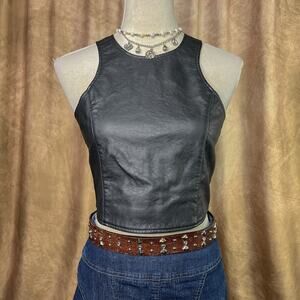 Vintage Y2K Faux Leather Top Sleeveless Cropped Black Zip Up Biker Moto Indie